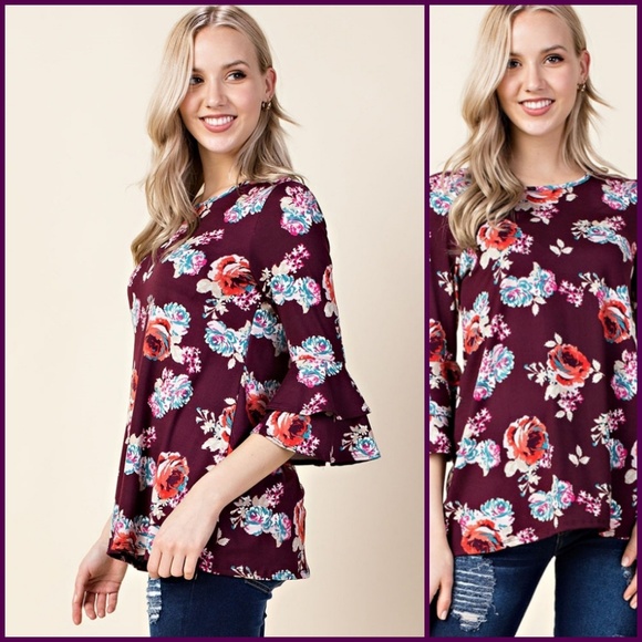 💖Burgundy Floral Ruffle Sleeve Tunic Top - Picture 2 of 3